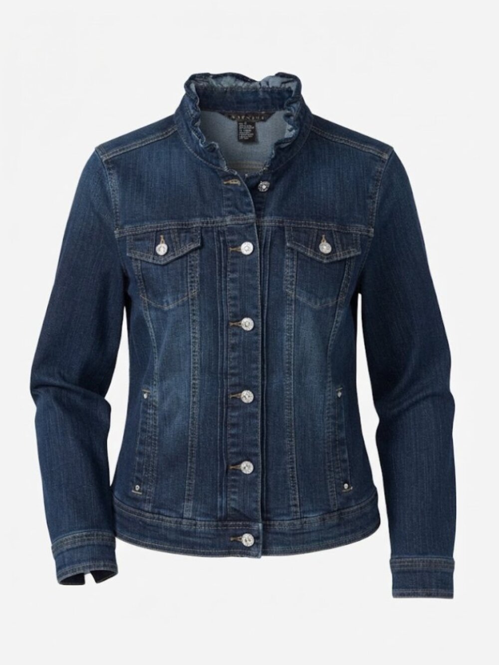 Baccini Dark Wash Ruffled Denim Jacket w/ Rhinestone Buttons - Medium (Y2K / Co